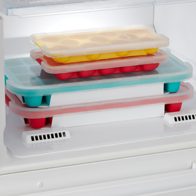 Lekue Dolphin-Shaped Ice Cube Tray with Lid packed in a fridge