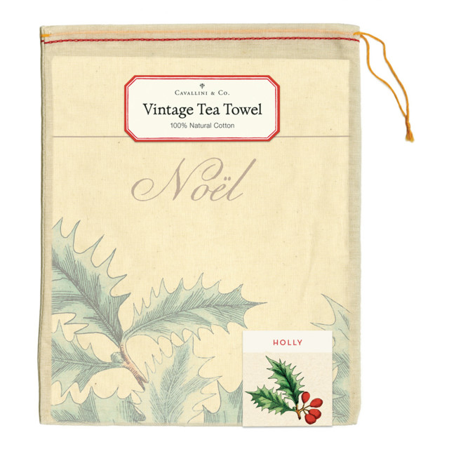 Cavallini & Co Festive Tea Towel - Christmas Holly packaging