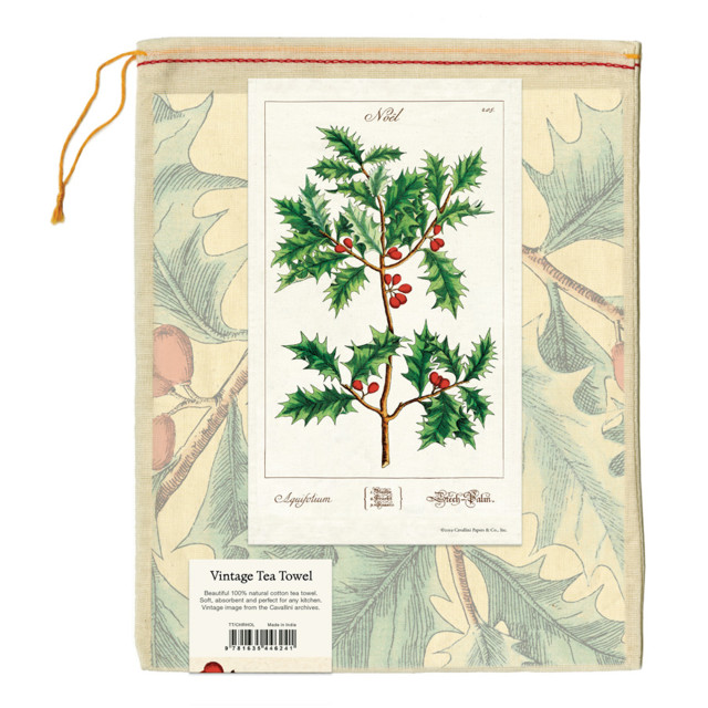 Cavallini & Co Festive Tea Towel - Christmas Holly packaging angle