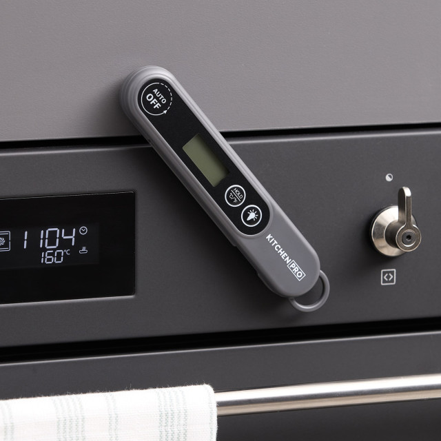 Kitchen Pro Precision Foldable Digital Thermometer on a stove