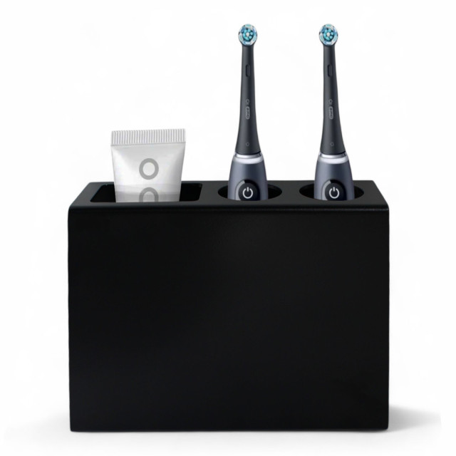 Joon Electric Toothbrush Organiser detail with toothbrushes and toothpaste