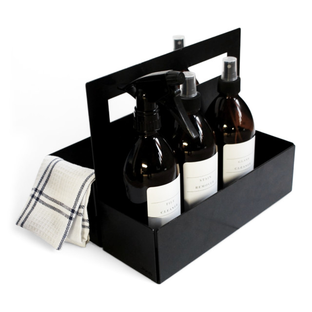 Joon Dakota Matte Black Double Caddy detail with pump bottles