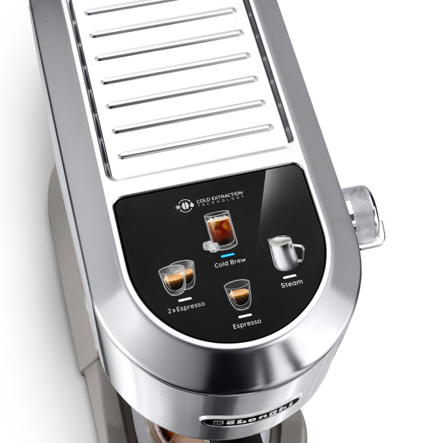 DeLonghi Dedica Duo Manual Pump Espresso Coffee Machine with Cold Brew, EC890 - Metallic detail
