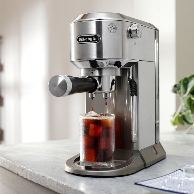 DeLonghi Dedica Duo Manual Pump Espresso Coffee Machine with Cold Brew, EC890 - Metallic on the kitchen counter