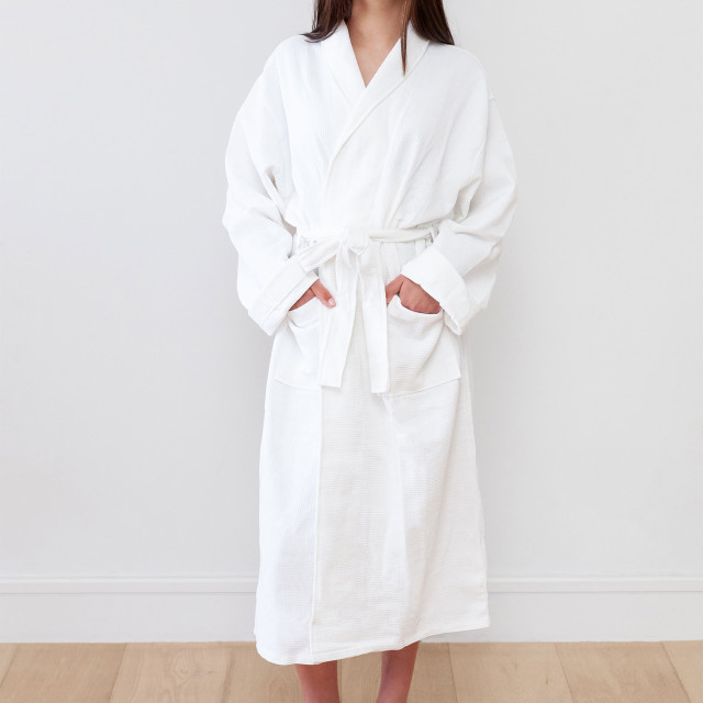 Linen House White Waffle Bathrobe worn showing scale