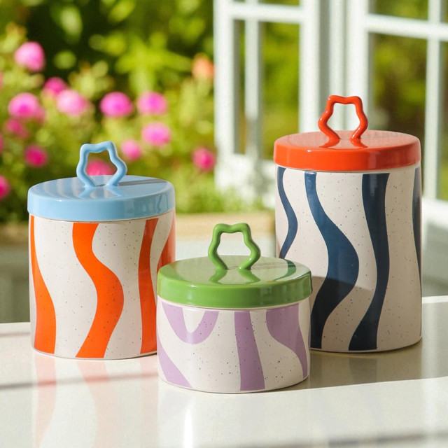 Nicolson Russell Zig Zag Canister - 360ml on the table with other canisters
