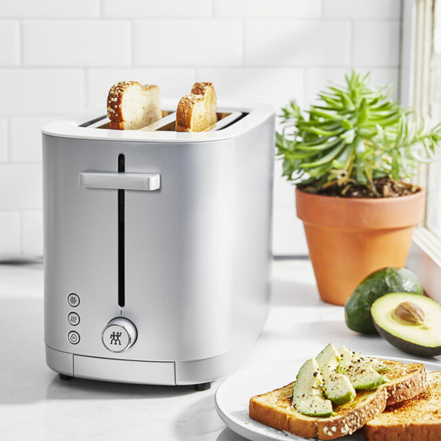 Zwilling Enfinigy 2-Slice Toaster, 1000W with toasted bread on the kitchen counter