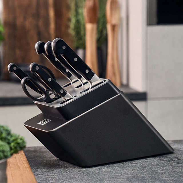 Zwilling Pro Anthracite Sharpblock Set, 7-Piece on the kitchen island