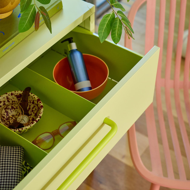 Popstrukt Sprinkles Chest of Drawers - Kiwi Fizz with spectacles and a watch