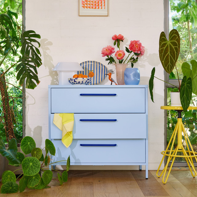 Popstrukt Sprinkles Chest of Drawers - Blueberry Splash against the wall