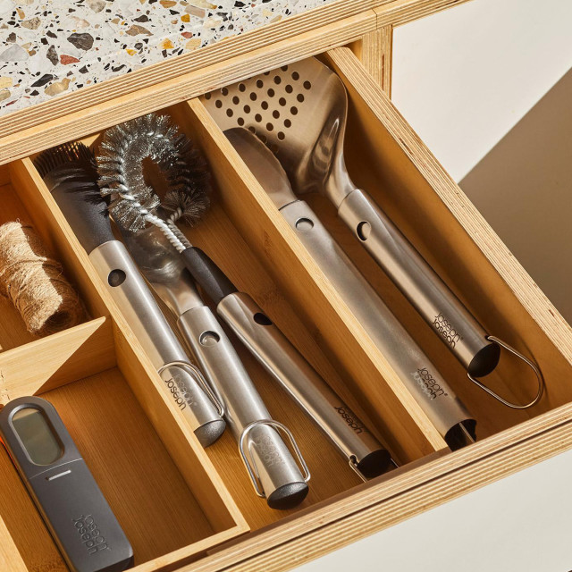 Joseph Joseph GrillOut Stainless-Steel BBQ Utensil Set with Storage Case, Set of 4 in a kitchen drawer
