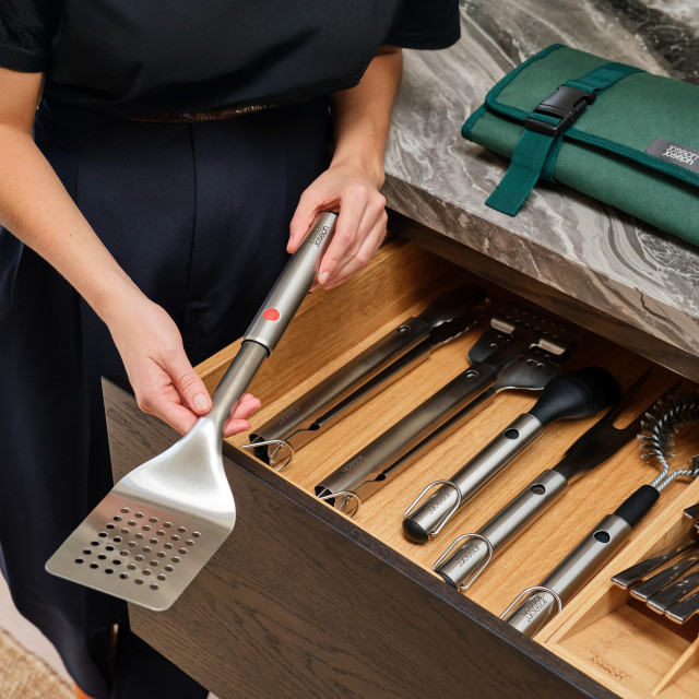 Joseph Joseph GrillOut Stainless-Steel BBQ Utensil Set with Storage Case, Set of 4 in a kitchen drawer