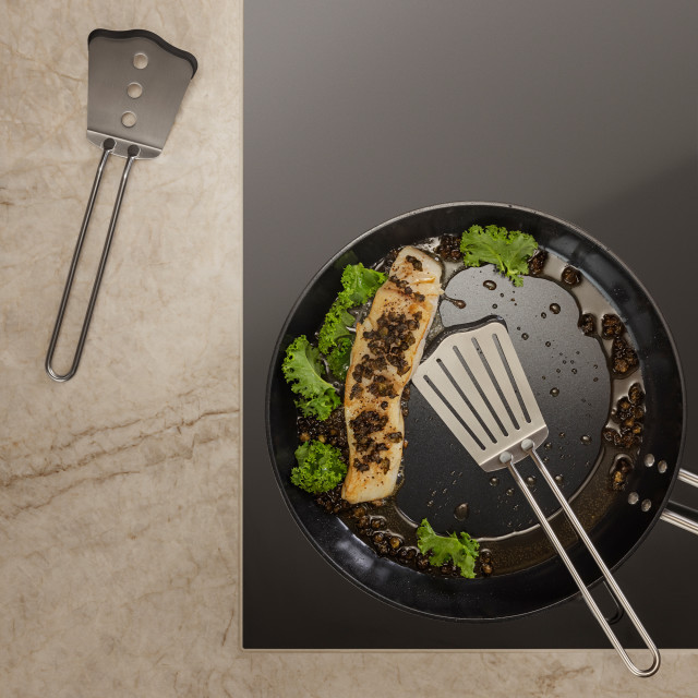 Eva Solo Stainless Steel Spatula with Silicone in a pan
