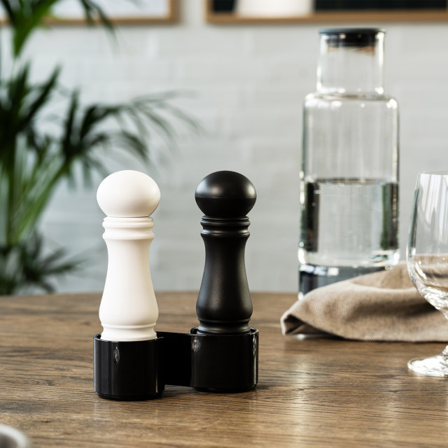 Crushgrind Mini Grinder Set, Black & White on the dinner table