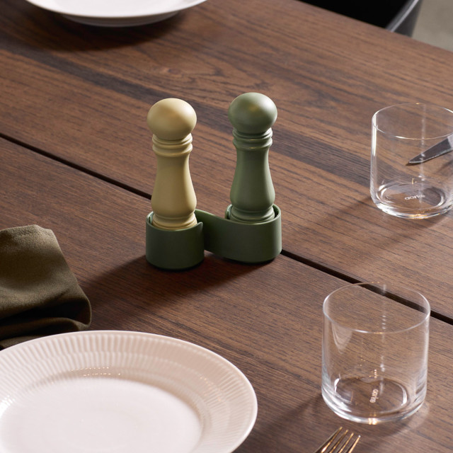 Crushgrind Mini Grinder Set, Parsley/Sage on the table with a plate and a glass