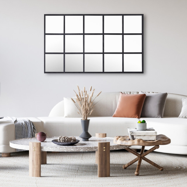 Paramount Mirrors & Prints Dutch Window Mirror - Black on a wall in the living room