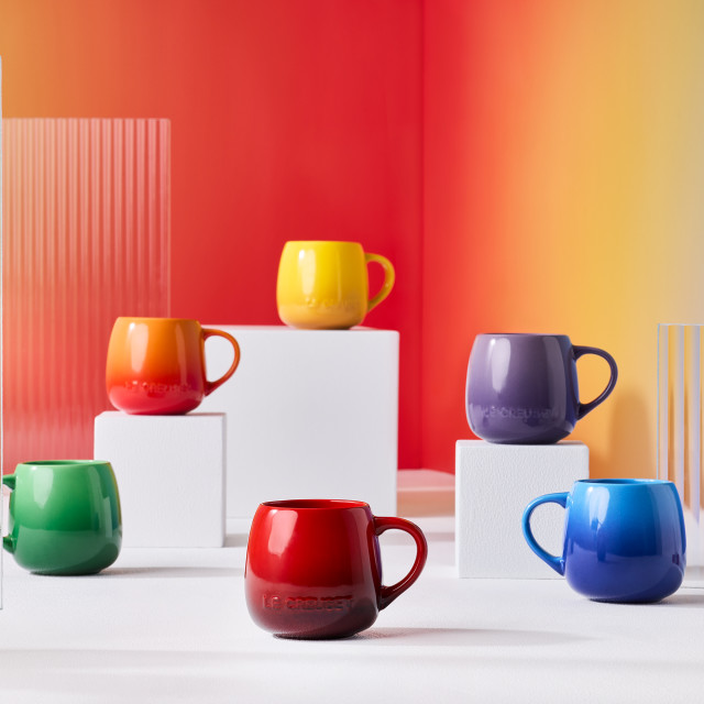 Le Creuset Rainbow Collection Coupe Mugs, Set of 6 on plinths