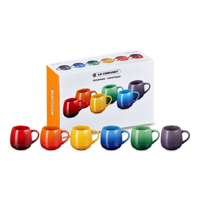 Le Creuset Rainbow Collection Coupe Mugs, Set of 6 with packaging