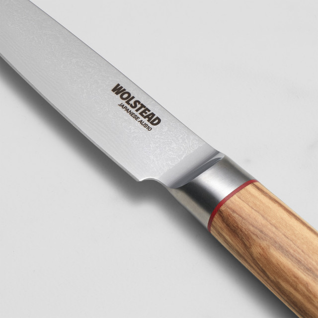 Wolstead Satoru Damascus Paring Knife, 10cm blade logo close up