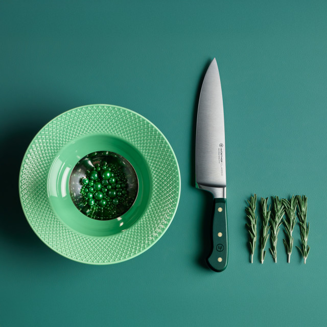 Wusthof Classic Colours Rosemary Chef's Knife, 20cm next to a bowl