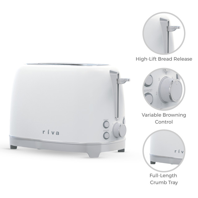 Riva Stainless Steel 2-Slice Toaster, 930W - Matte White