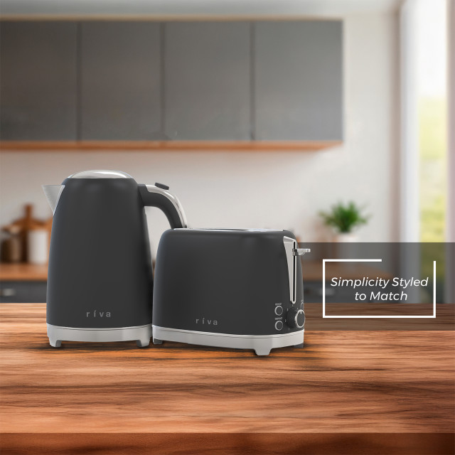 "Riva Stainless Steel Kettle, 1.7L - Matt Black" with toaster