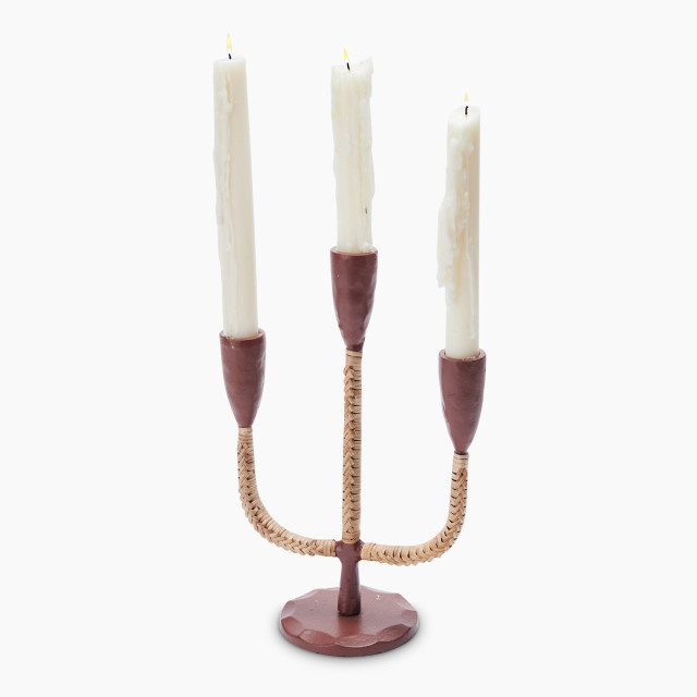 Thread Office Brown Aluminium & Rattan Multi Dinner Candle Holder with candles