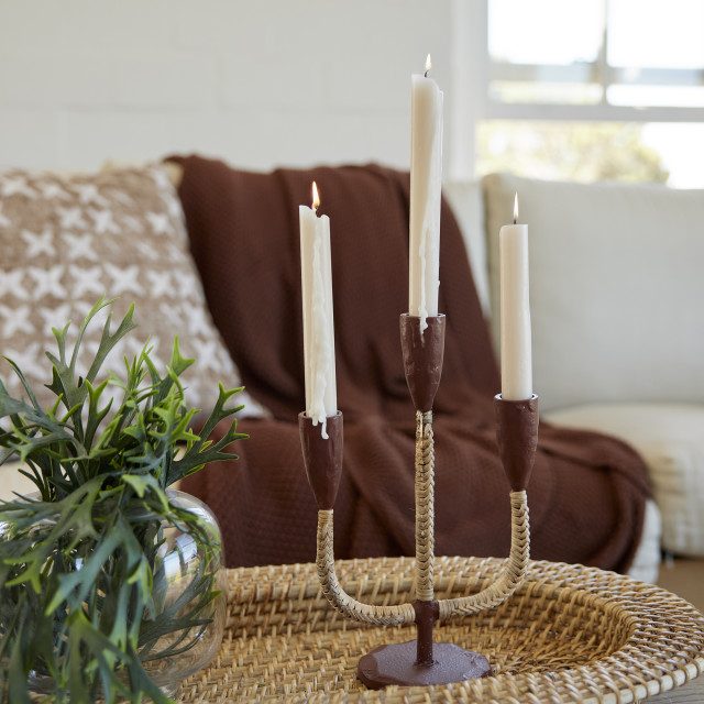 Thread Office Brown Aluminium & Rattan Multi Dinner Candle Holder