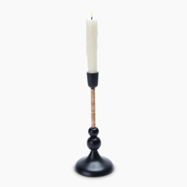 Thread Office Black Aluminium & Rattan Dinner Candle Holder with candle