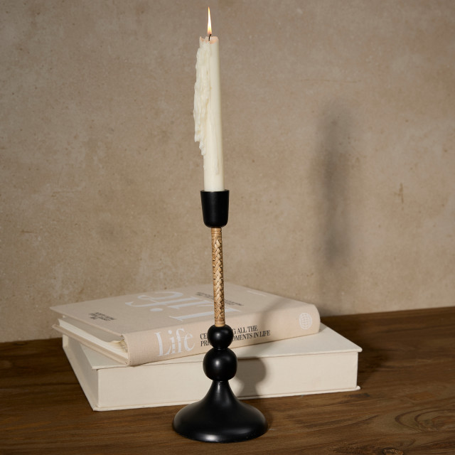 Thread Office Black Aluminium & Rattan Dinner Candle Holder