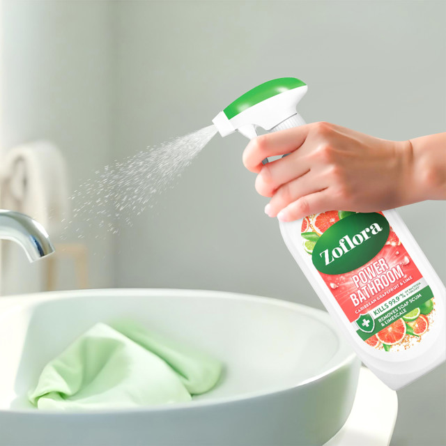 Zoflora Caribbean Grapefruit & Lime Power Bathroom Cleaner, 800ml in use cleaning basin