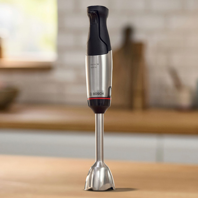 Bosch Series 6 ErgoMaster Stainless Steel Hand Blender, 1000W on a kitchen counter