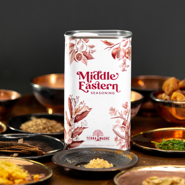 Terra Madre Middle Eastern Seasoning, 400g on a counter with spices