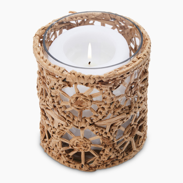 Thread Office Rattan & Glass Medallion Votive Candle Holder with candle