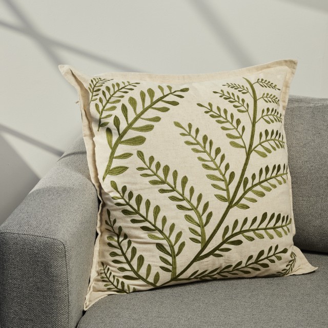 Thread Office Green Fern Embroidery Scatter Cushion With Feather Blend Inner, 60cm x 60cm