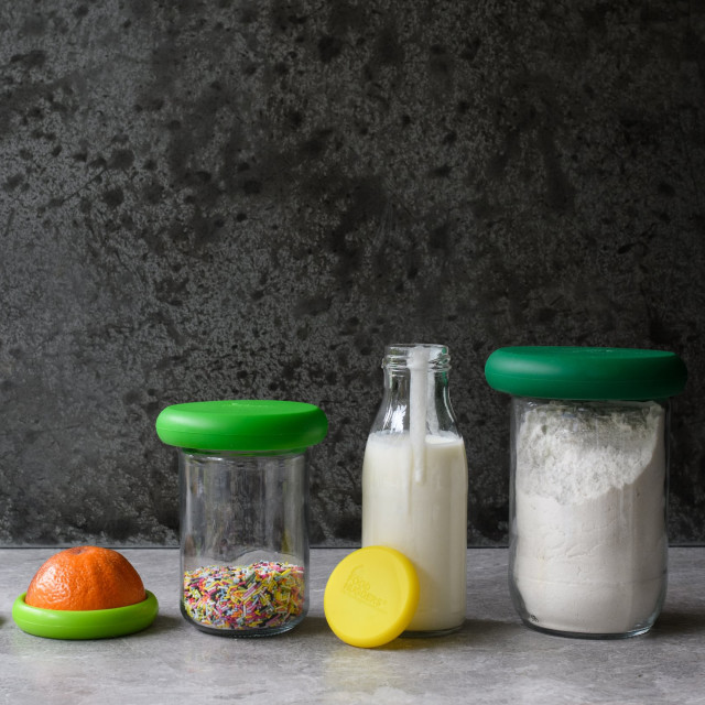 Food Huggers Silicone Airtight Food Covers, Set of 5 - Fresh Greens with jars