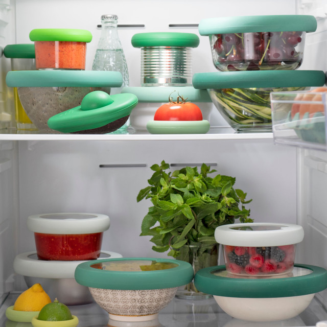 Food Huggers Silicone Airtight Food Covers, Set of 5 - Fresh Greens in the fridge