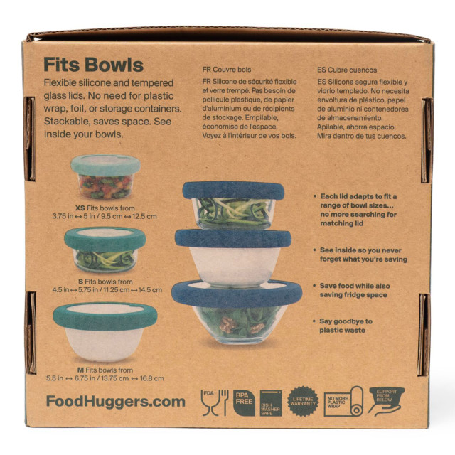 Food Huggers Adjustable Silicone & Glass Lids, Set of 3 - Gradual Green packaging