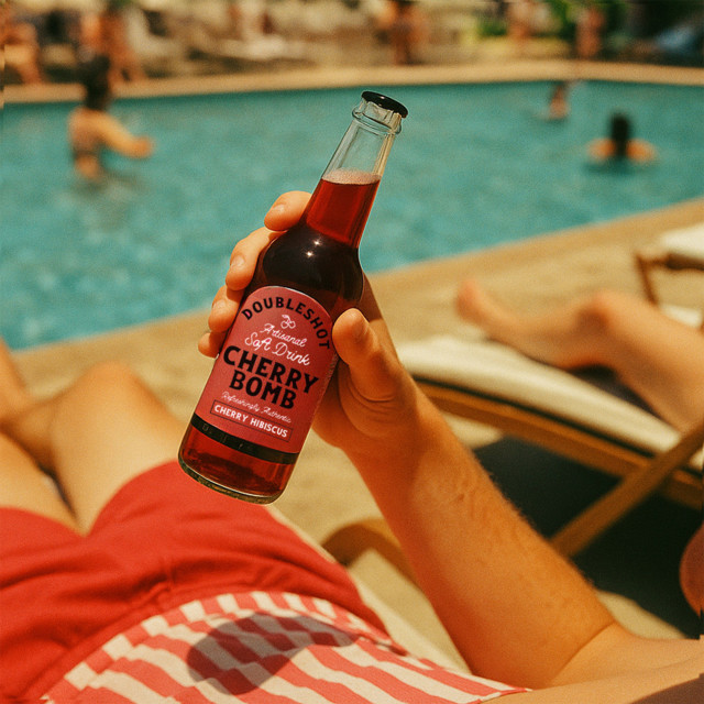 Doubleshot Coffee & Tea Cherry Bomb Soda, Pack of 6 being held next to a pool