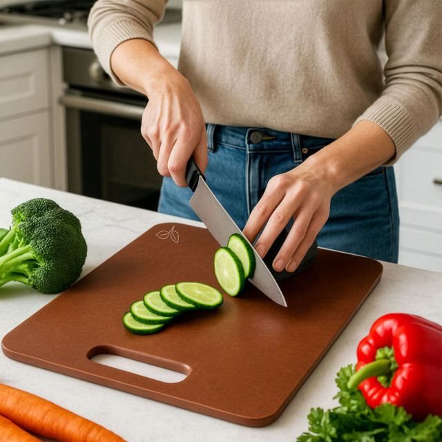 MicroGarden Nutmeg Wood Fibre Chopping Board - 44cm with veg