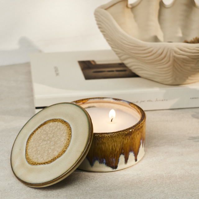 Thread Office Brown Reactive Glaze Ceramic Filled Candle with Lid