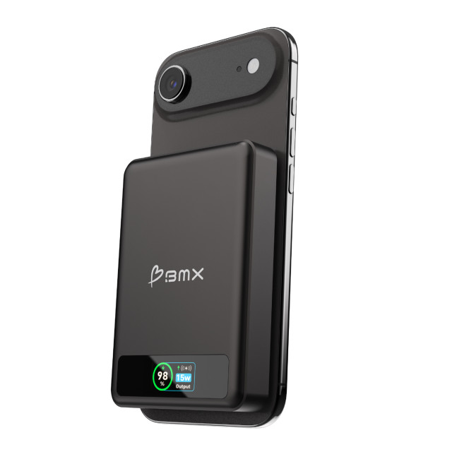 BMX SolidSafe 10000mAh Solid-State Magnetic Power Bank - Black  attached to phone. phone not included