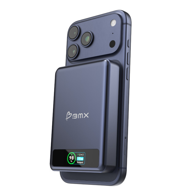 BMX SolidSafe 10000mAh Solid-State Magnetic Power Bank - Blue attached to phone. phone not included