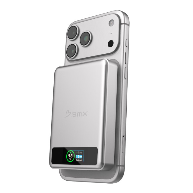 BMX SolidSafe 10000mAh Solid-State Magnetic Power Bank - Silver attached to phone. Phone not included