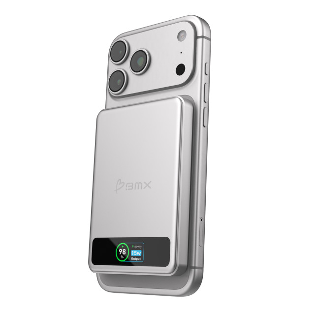BMX SolidSafe 5000mAh Solid-State Magnetic Power Bank - Silver attached to phone. phone not included