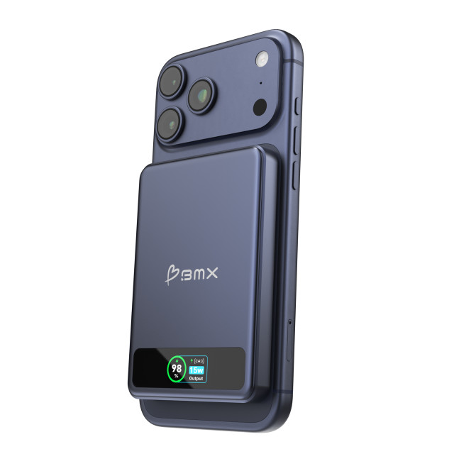 BMX SolidSafe 5000mAh Solid-State Magnetic Power Bank - Blue attached to phone. phone not included