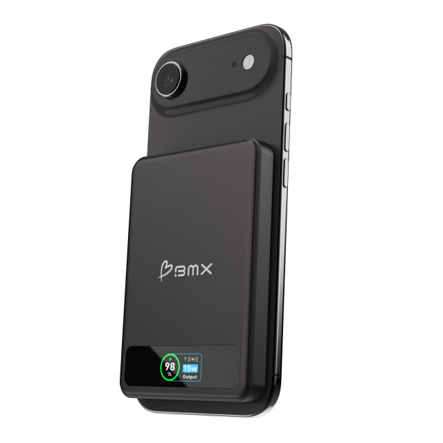 BMX SolidSafe 5000mAh Solid-State Magnetic Power Bank - Black with phone, phone not included