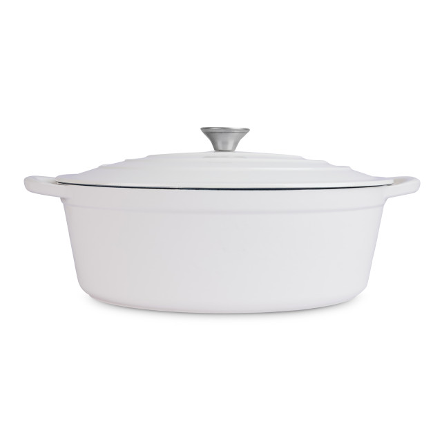 Sagenwolf Oval Cast Iron Casserole Pot, 34cm - White side view