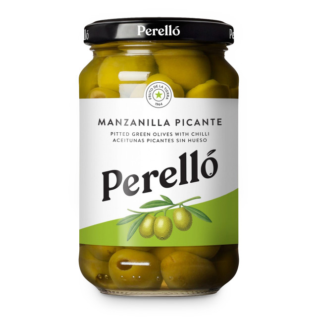 Perello Manzanilla Pitted Green Olives with Chilli in Jar, 160g