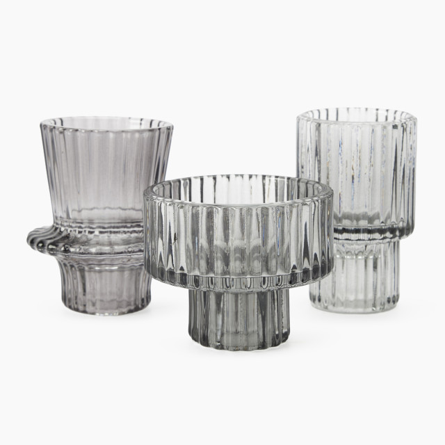 Thread Office Glass Ribbed Candle Holders, Set of 3 - Smoke
